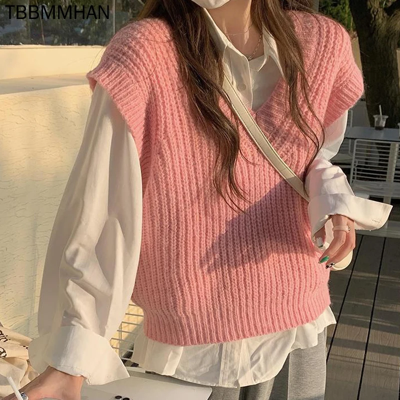 

Knit Sweater Vest 2 Piece Shirt Set Women Outdoor Casual Korean Fashion Pure Color Elegant waistcoat V-Neck Sweater Vest