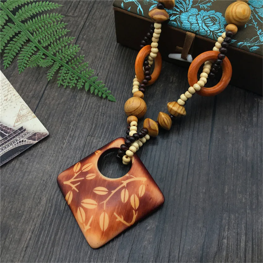 Boho Ethnic Style Long Hand Made Bead Wood Elephant Pendant Necklace Sweater Chain for Women Fashion Neck Jewelry Party Gifts