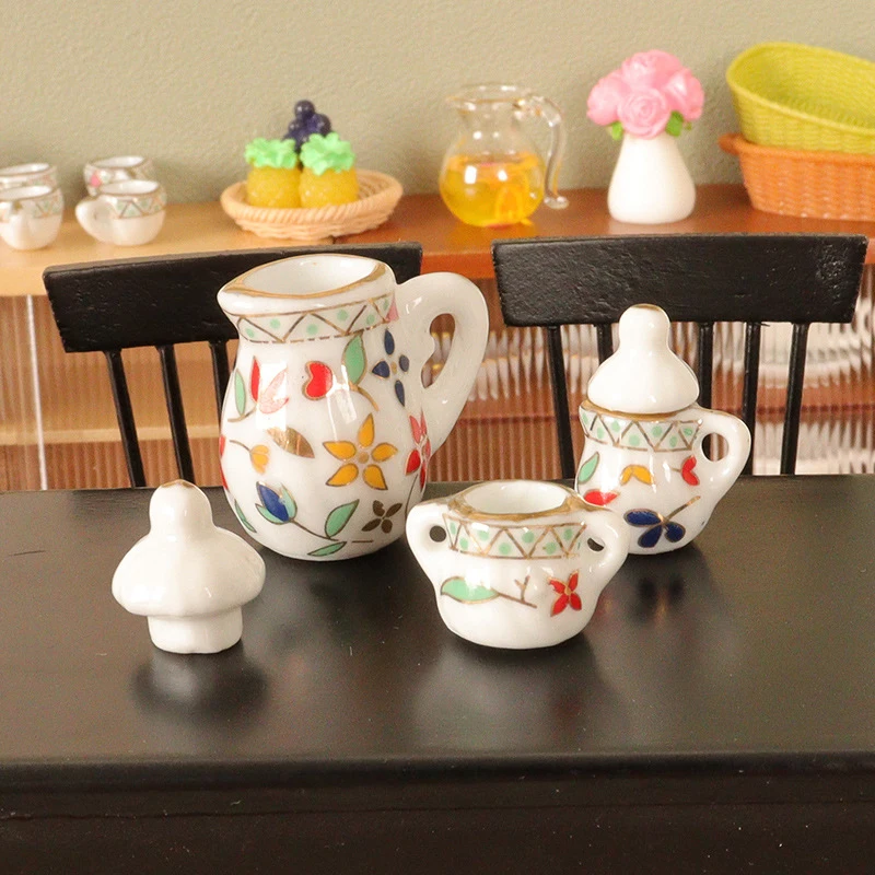 Juego de tetera de cerámica en miniatura para casa de muñecas, Mini taza de té de simulación, vajilla, modelo de porcelana, juguetes de Decoración de cocina, 3 piezas, 1:12