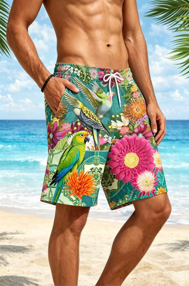 Men's tropical bird jungle printed quick drying beach shorts, breathable and fashionable, suitable for all summer occasions