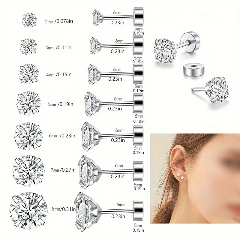 1 Pair Stainless Steel Tragus Stud Earrings for Women Men Round Cubic Zirconia Flat Back Screw Back Ear Piercing 2-8MM Jewelry