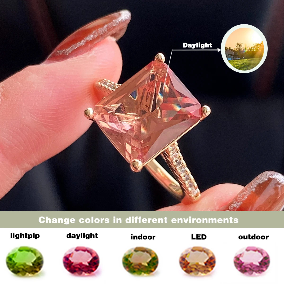 Bocarman Color Changing Lab Created Sultanite Rectangular Ring Copper Silver Plated Turkish Stone Women Gift