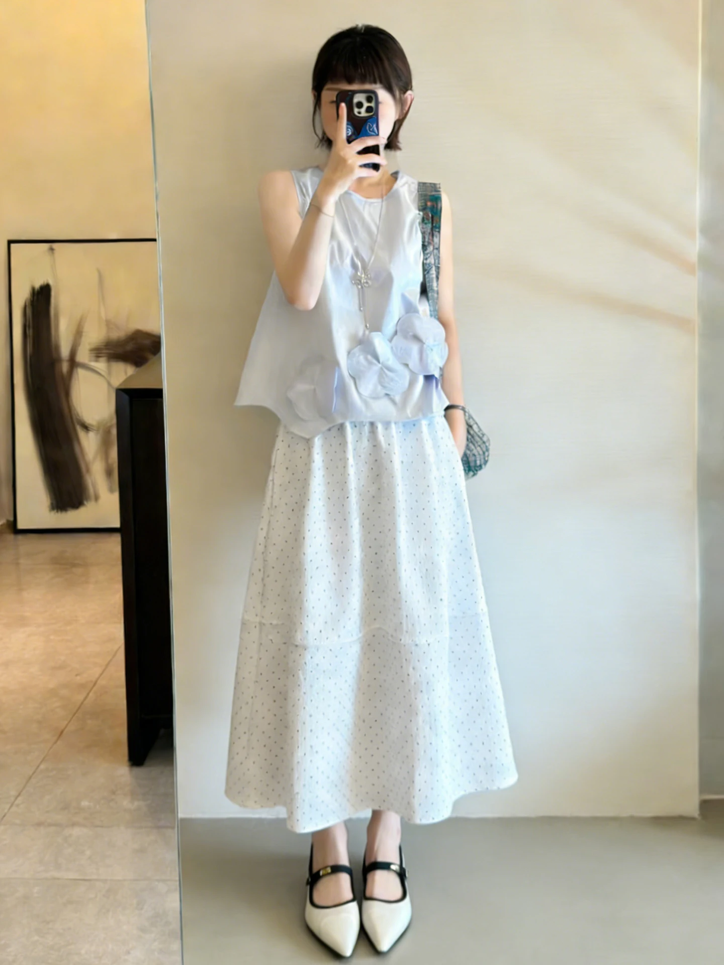 

Spring New plus Size High Waist Denim f Skirt Women's Elastic Waist Polka Dot A-Line Casual Umbrella Skirt