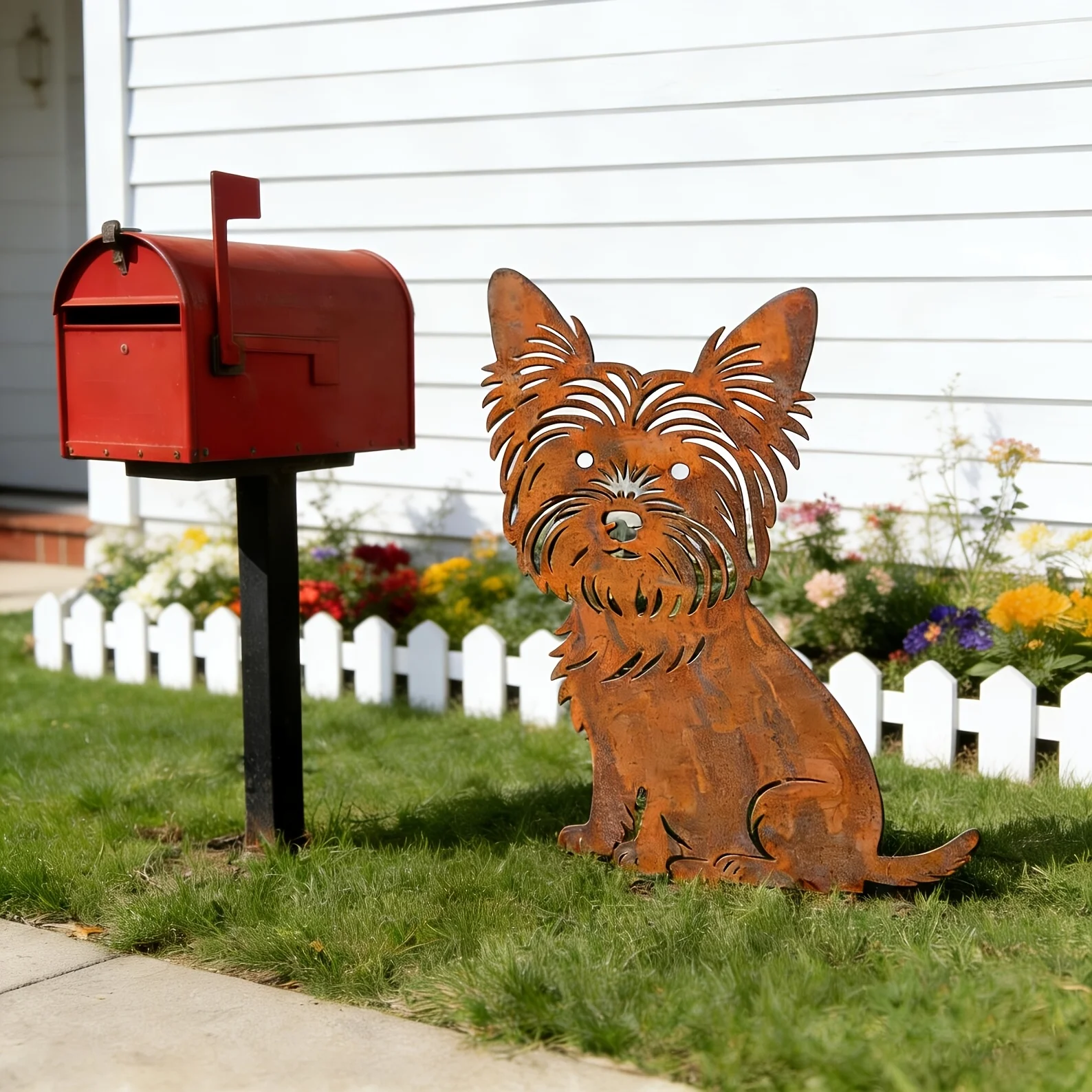 CIFBUY 1pc Vintage Rusted Yorkshire Terrier Metal Garden Stake, Rustic Dog Yard Sculpture, Waterproof Rustproof