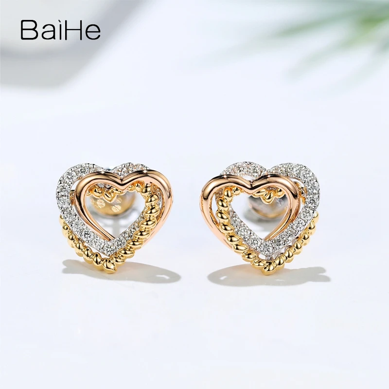 BAIHE Solid 14K White+Yellow+Rose Gold H/SI Natural Diamond Heart Stud earrings for women Fine Jewelry Brincos de coração серьги