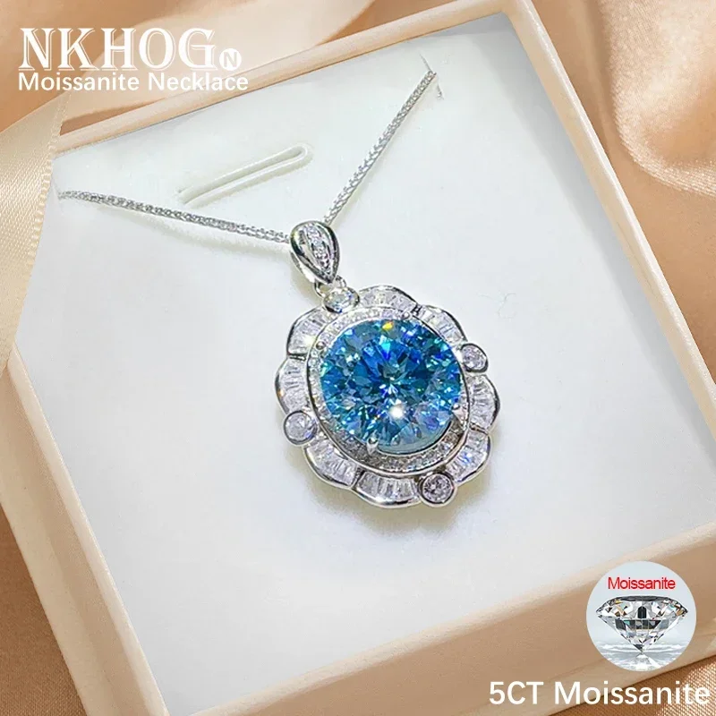 

NKHOG 5CT Blue Moissanite Necklace S925 Sterling Silver Pendant Women D Color Round Diamond Wedding Luxury Gift Fine Jewelry GRA