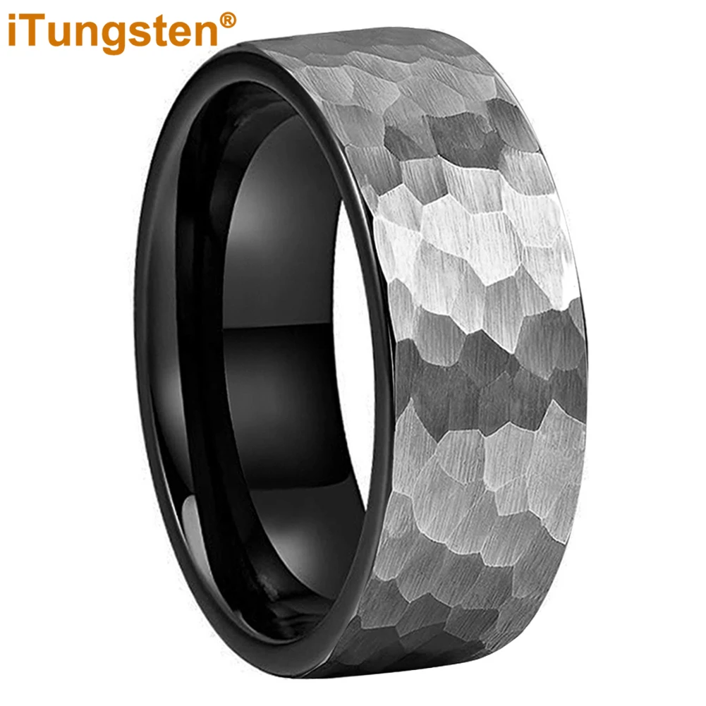 6mm 8mm Two Tone Black Color Hammer Ring For Men Women Tungsten Wedding Engagement Band Fashion Jewelry Pipe Cut Comfort Fit