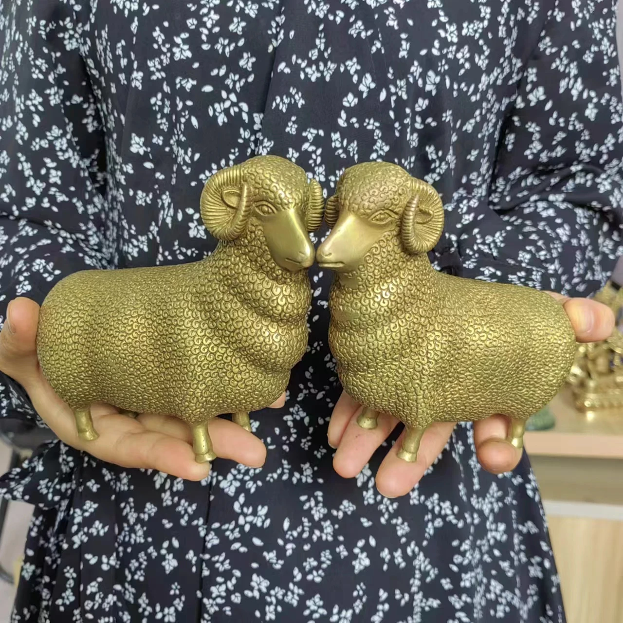 Pair Exquisite Brass Sheep Statue Handcrafted with Realistic Wool Perfect Symbol of Good Fortune for Collectors Copper Sculpture