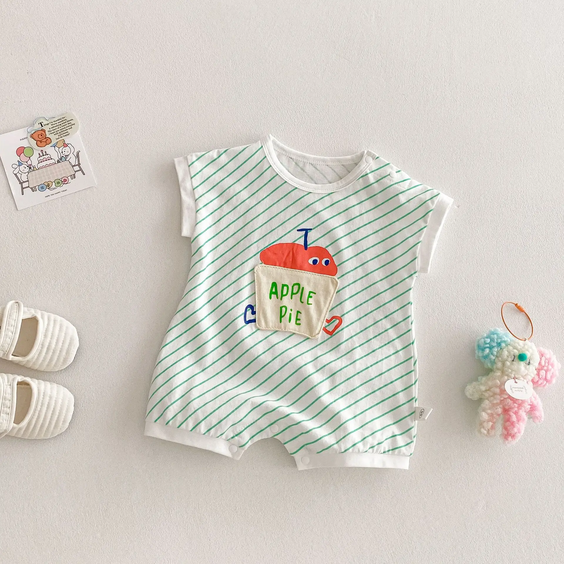 2025 novo bonito pêssego impressão macacão da criança meninos meninas manga curta algodão listra macacão moda roupas do bebê