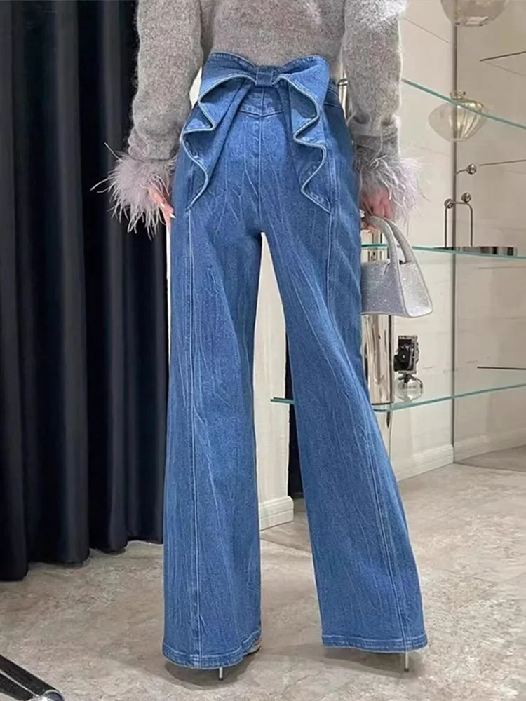 Y2k feminino cintura alta flare jeans com grande arco babados design 2000s querida elegante feminino fino ajuste calças casuais