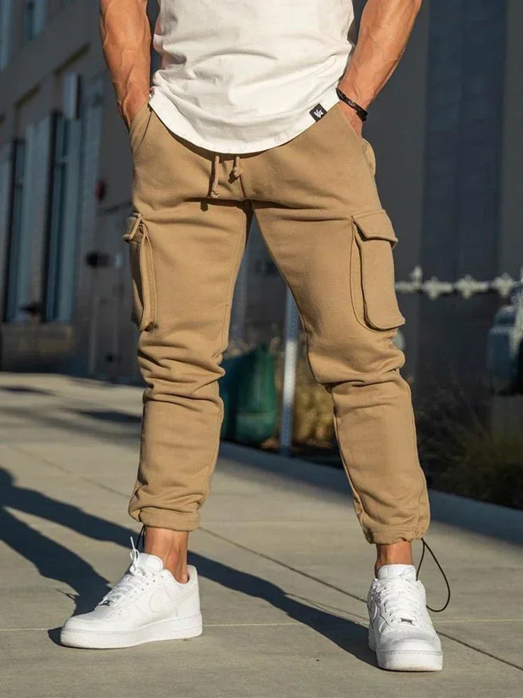 

Fitness Stretch Slim Pants Men Fashion Patches Pockets Cargo Pants Spring Summer Mens Sports Training Running Jogging Trousers