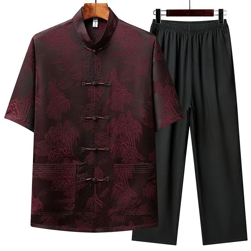 

Shirt Pants Silk Short Sleeve Tang Suit Set For Middle-aged Elderly Clothes Men Chinese Style Grandpa Outfit Summer Dark Red