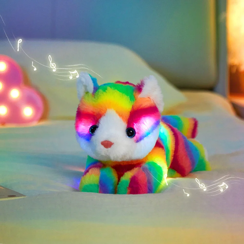 33cm Rainbow Cat Plush Toys with LED Light Luminous Musical Stuffed Animals Doll Toys Kitten Plush Pillow Gifts for Girls