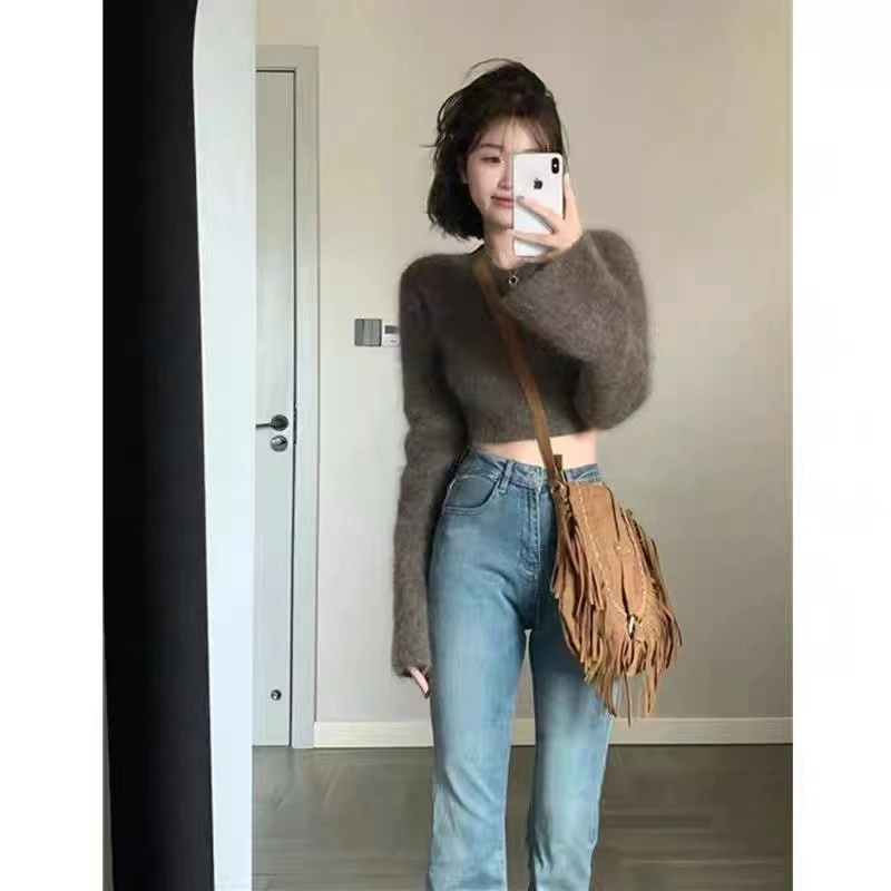 달콤하고 매운 소녀 스타일 마이크로 플레어 진 레트로 블루 한국 스타일 하이웨이스트 슬림 플러스 사이즈 여성용 롱 팬츠