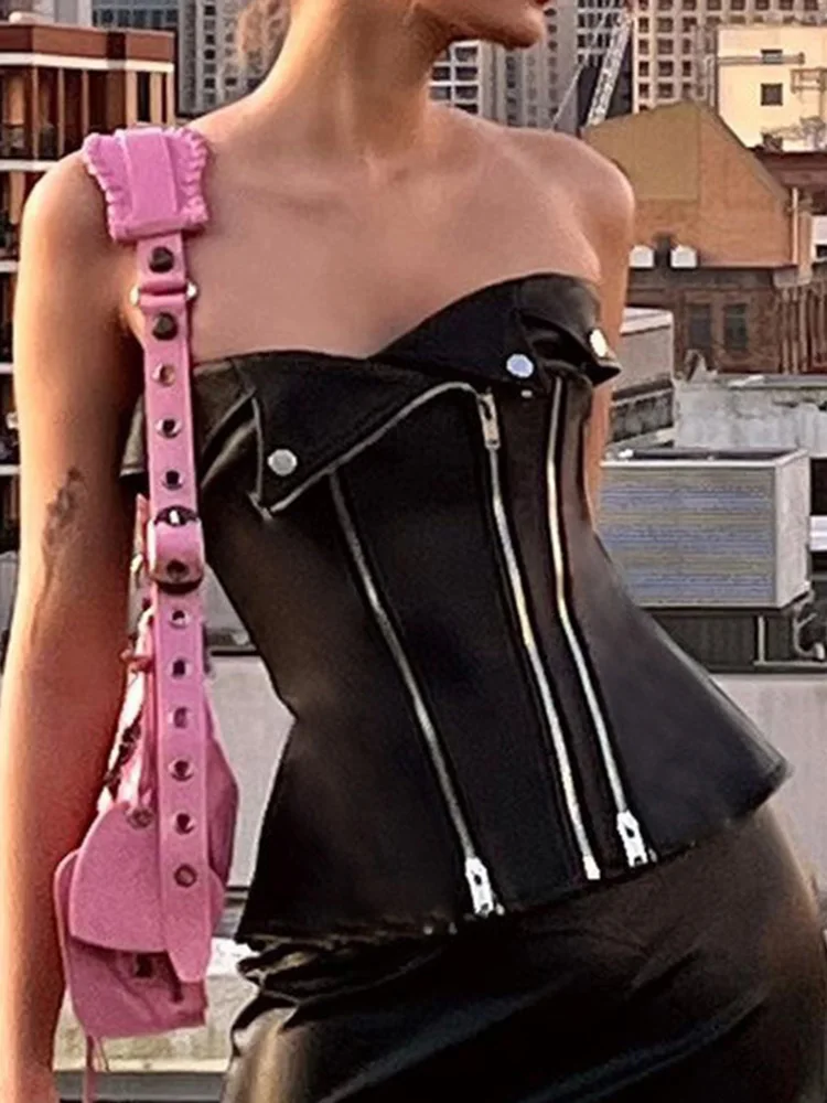 SUCHCUTE Punk Style Zip Up Corset Tops Black Leather PU Gothic Buttons Sleeveless Tube Tank Top Racing Moto & Biker Camis 2022