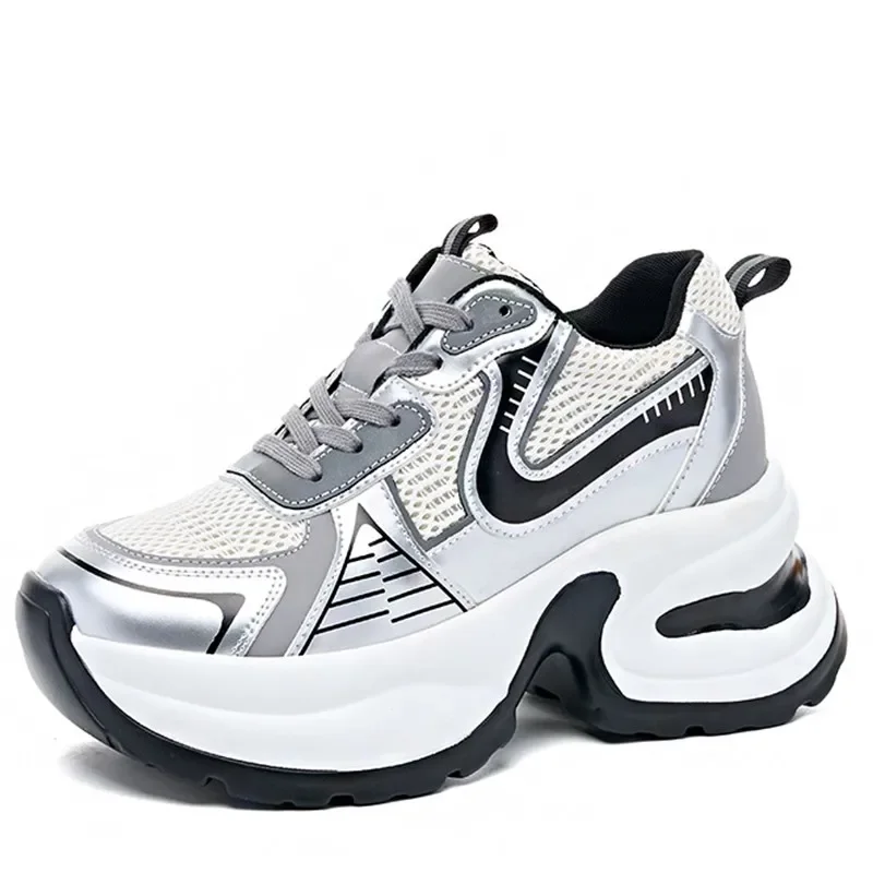 

8cm Air Mesh Cow Genuine Leather Summer Hollow Women Sandals Platform Wedge Chunky Sneakers Fashion Comfy
