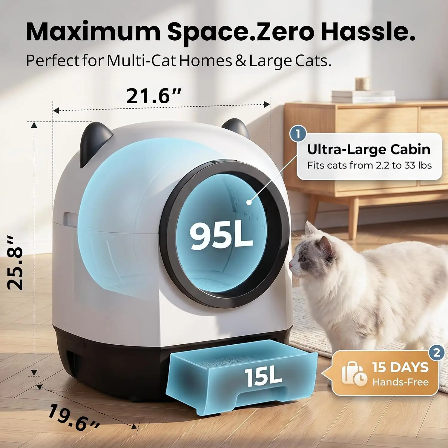 Automatic Cat Litter Box Self Cleaning Litter Box Large Capacity for Multiple Cats, App Control with Safety Sensors, Includes Sc