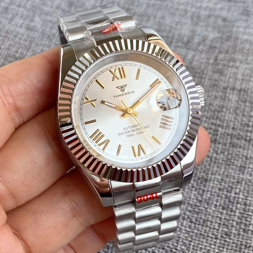 

Tandorio 36 мм/39 мм серебристые, золотые рифленые для Японии NH35A автоматические механические мужские часы с сапфировым стеклом 200 м водонепроницаемые