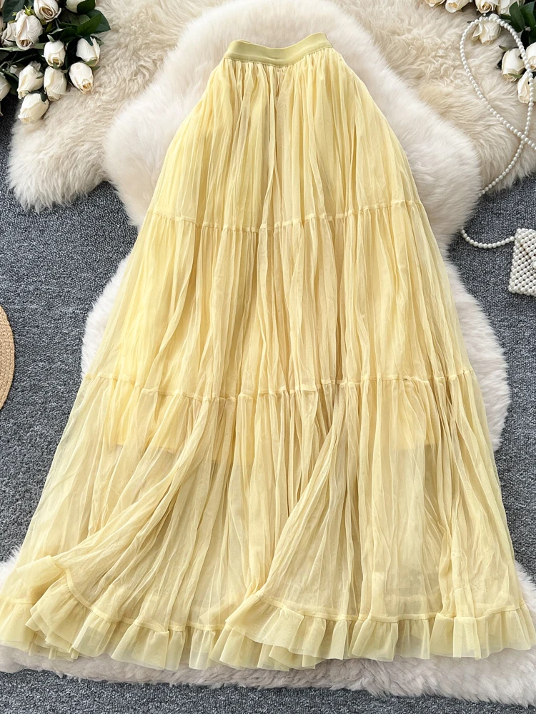 

Ele Fairy T f Skirt Tulle Gown Ci Commute High Waist Stand Fit A-Line Skirt Floral Lace Trim Midi Skirt