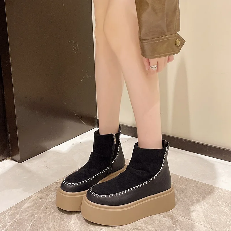 Comemore Platform Women's Ankle Boots Autumn Winter New Women's Round Toe Thick Sole Side Zipper Casual Short Botas Femininas