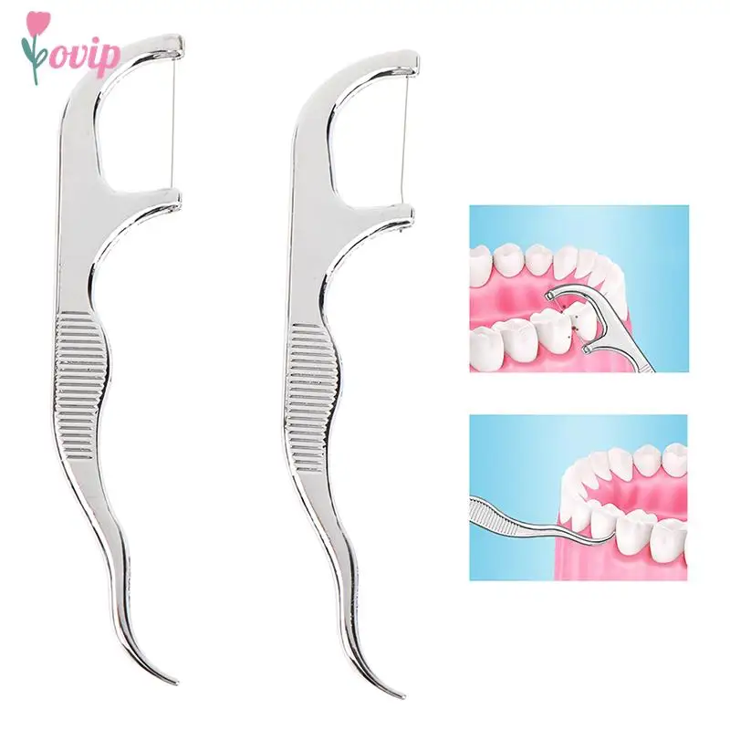 

Stainless Steel Toothpick Dental Floss Reusable Flossing Holder Teeth Cleaning