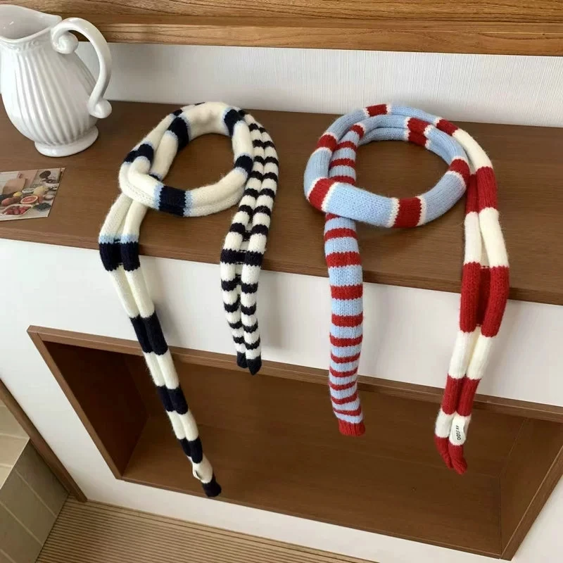 New Korean Style Color-blocked Sriped Long Narrow Scarf for Women Winter Y2K Decorative Knitted Scarves