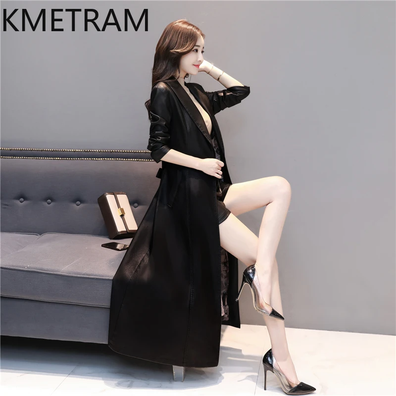 KMETRAM Genuine Sheepskin Leather Jacket Women Large Size Spring Autumn Women\'s Clothing Overknee Long Womens Coat Slim Fit