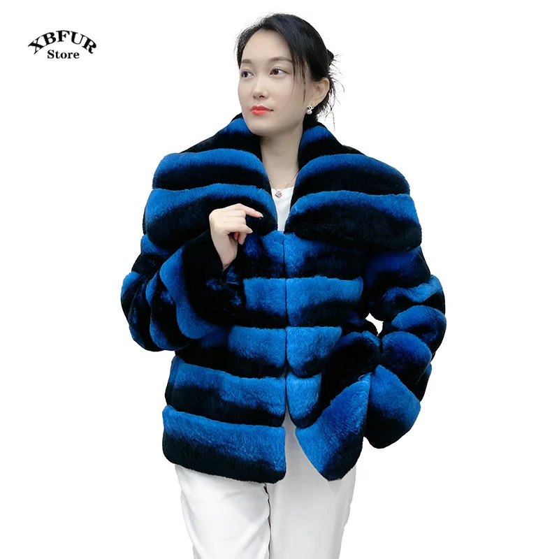 Chaqueta a rayas de Chinchilla para mujer, abrigo de piel de conejo auténtica, todo en uno, longitud de 60cm, abrigos de piel cálidos para invierno,