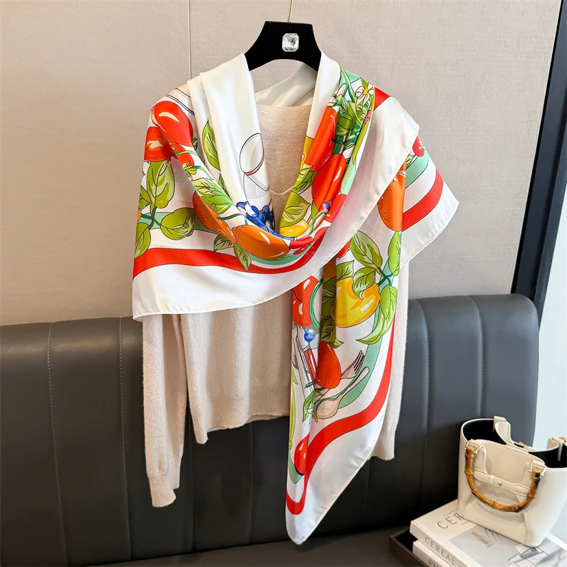 2026 Citrus Fruit Satin Silk Scarf Women All Season Large Square Neck Warmer Soft Korean Style Wrap Gift Elegant Daily Fashion