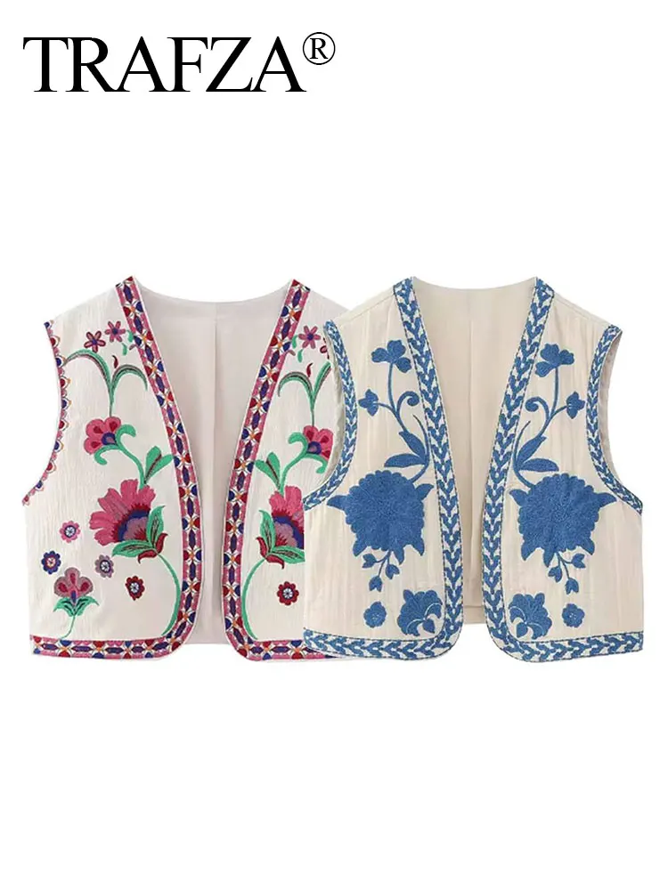 TRAFZA Floral Embroidered Short Vest For Woman Fashion Sleeveless Open Stitch Vests Coats Women Casual 2K Vintage Outerwear