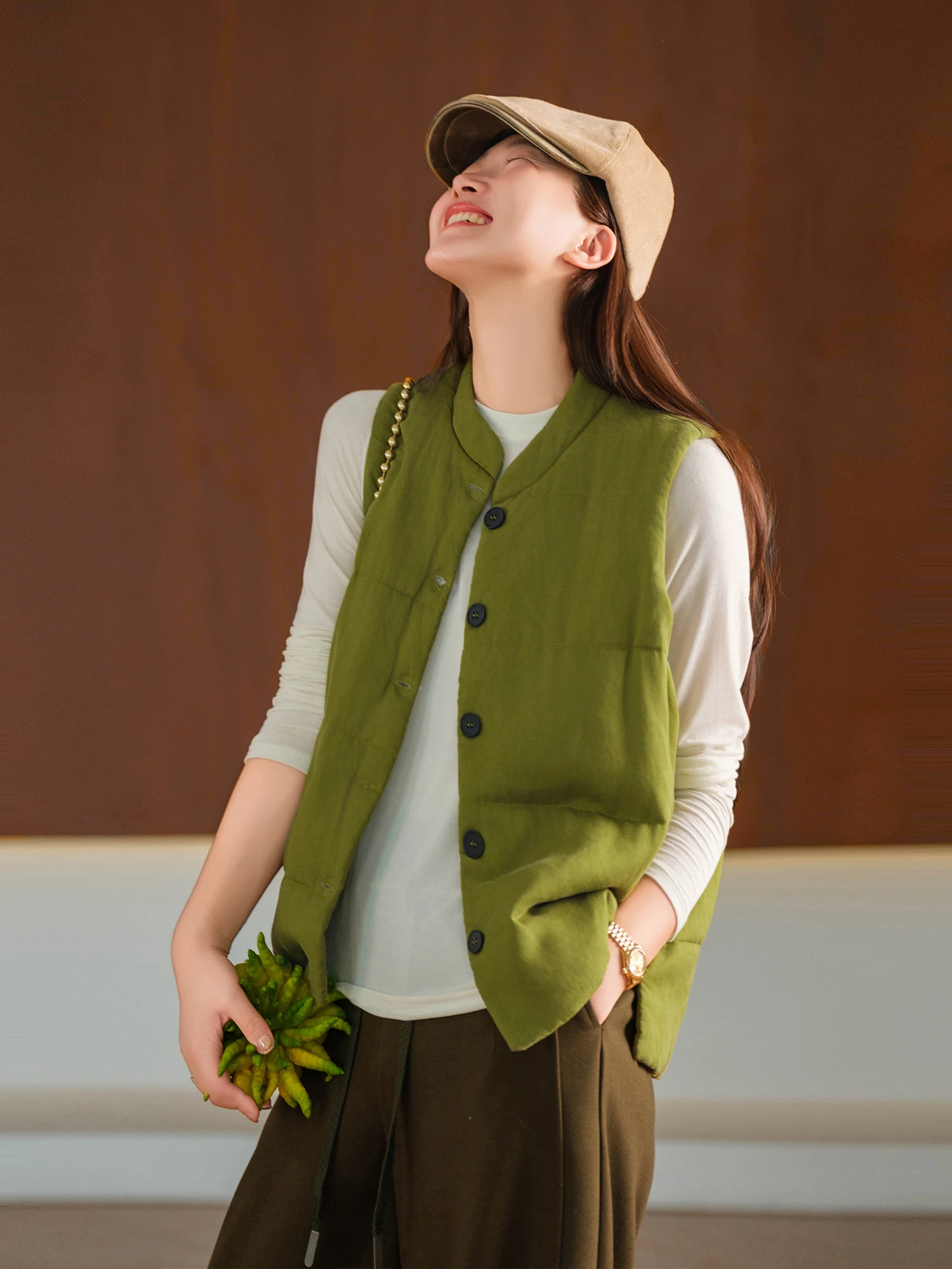 Elegant Linen Filled Vest Slimming New Snowy Cotton Fabric by Little Ear Brand Casual Loose Fit Single Button Closure