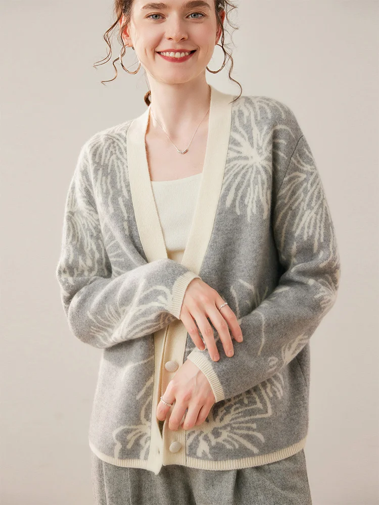 Wysokiej jakości damski sweter z długim rękawem ze 100% kaszmiru, kaszmirowy kardigan z dekoltem w serek, ciepły, miękki i wygodny sweter z dzianiny kaszmirowej na jesień i zimę.