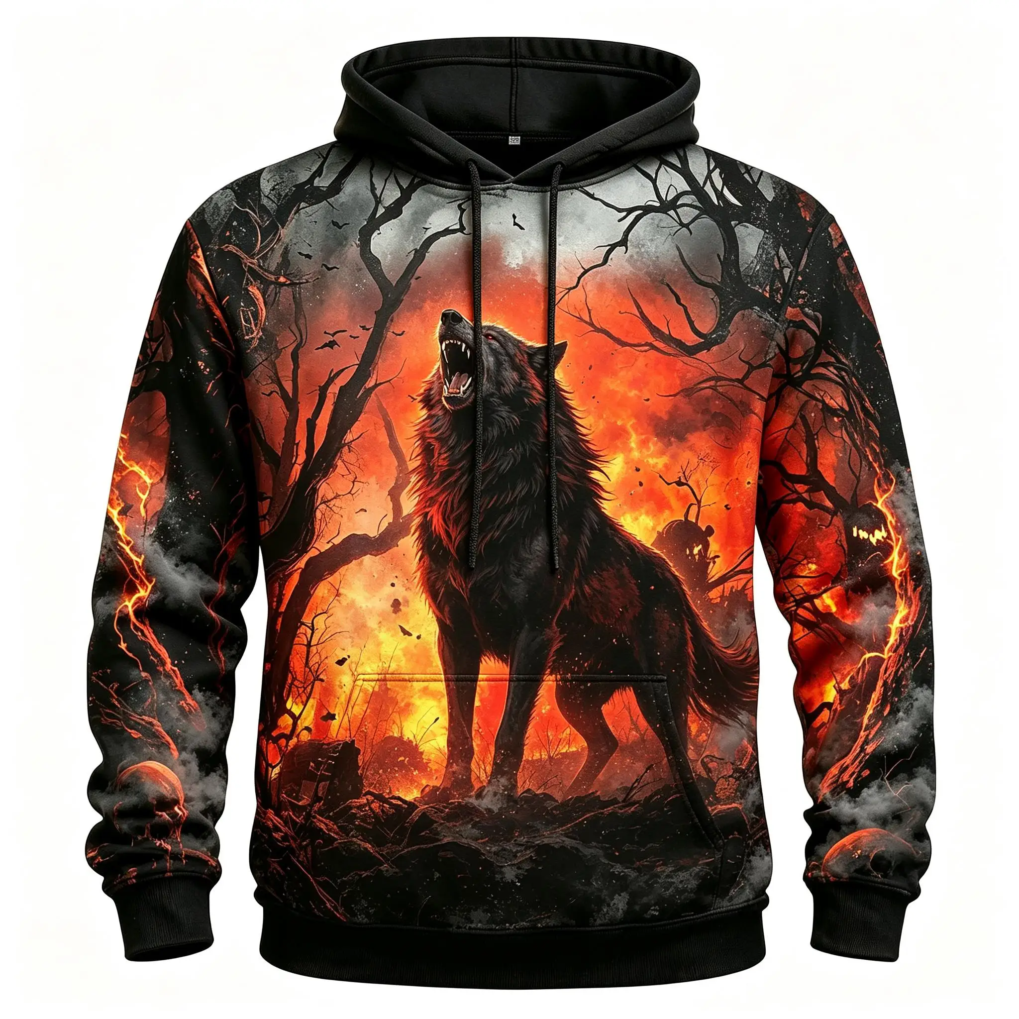 Men's Howling Wolf Fire Forest Skull Halloween Full Print Hoodie Gothic Long Sleeve Hooded Sweatshirt For Festival Wear