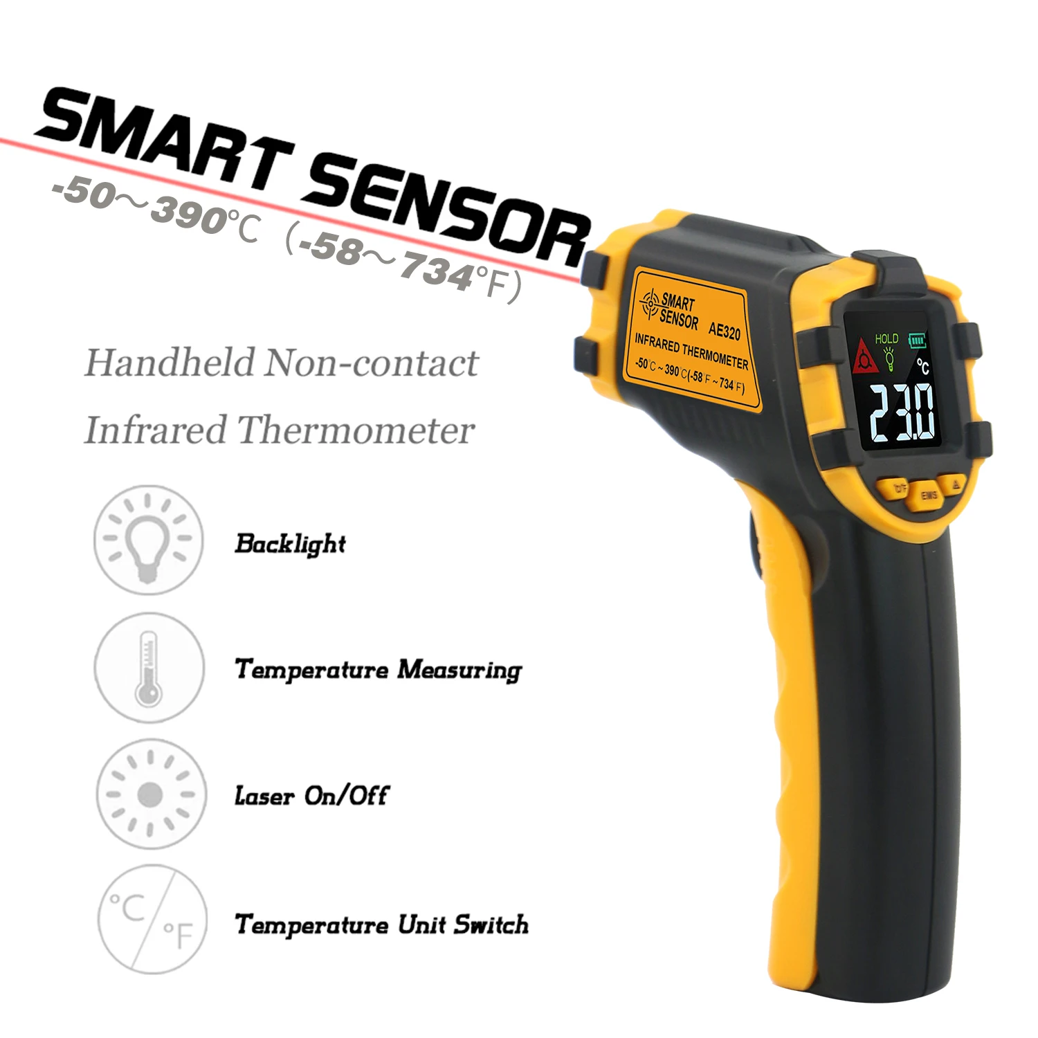 SMART SENSOR -50~390℃ Digital Infrared Thermometer Temperature Tester Pyrometer Portable Non-contact Industrial IR Thermometer