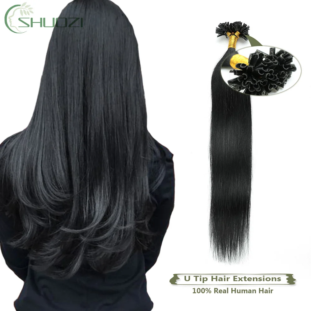 Nail Tip Hair Extensions Human Hair Jet Black Pre Bonded U Tip Human Hair Extension Keratin Bond Real Hair Extensions Hot Fusion