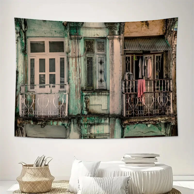 Large Vintage European Building Facade Tapestry Mural Wall Art Decor Grunge Parisian Retro Architecture Backdrop for Home