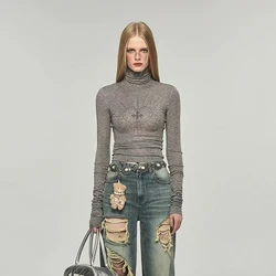 Spring Turtleneck Women T Shirts Fashion 3D Diamond Long Sleeve Slim Crop Tops Y2K Korean Solid All Match Female Bottoming Tees