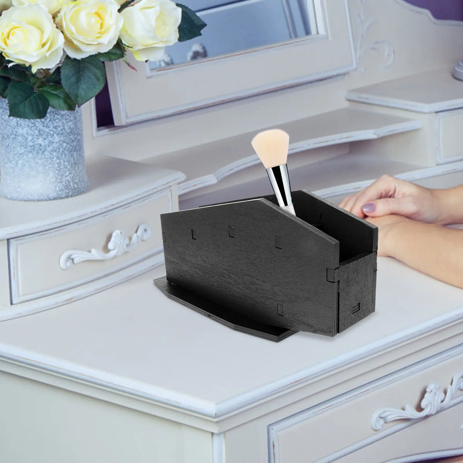 Wooden Coffin Pen Holder Gothic Makeup Brush Organizer Desktop Storage Box Halloween Desk Decor