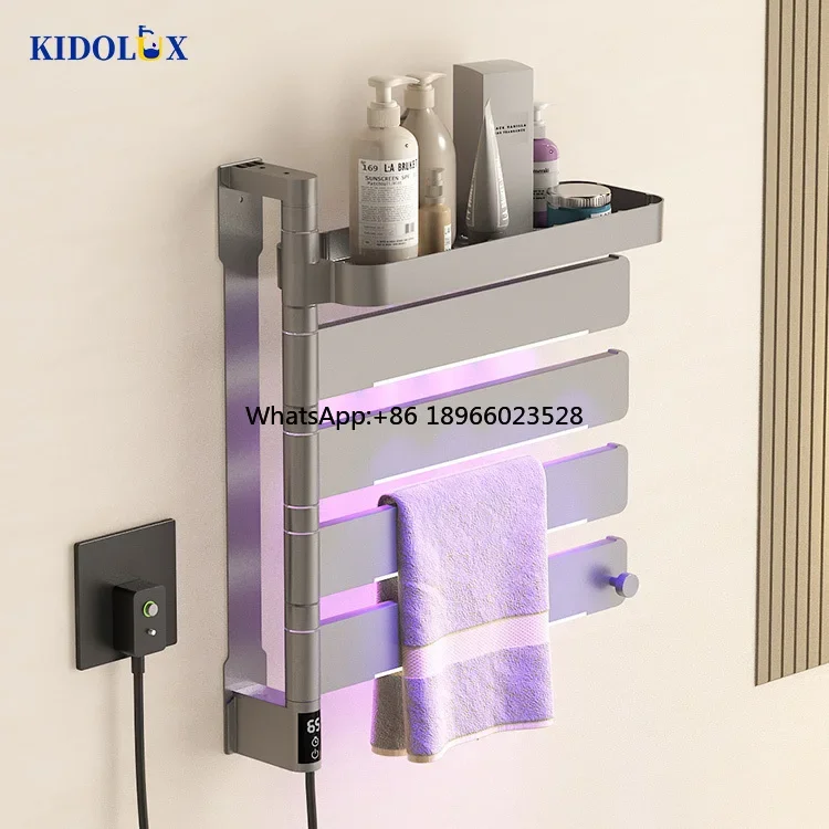 2024 Thermostatic Aluminium Black  Grey Towel Heating Metal Electric Rail Swing Wall Mounted Heated Towel Rack For Bathroom