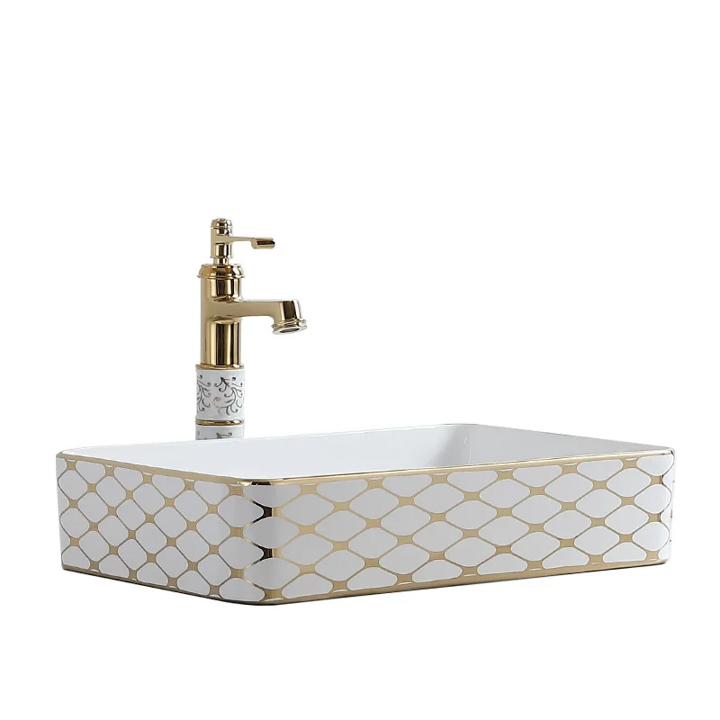 

European style, electroplated gold pattern wash basin, ceramic, rectangular, oval, hotel engineering, household