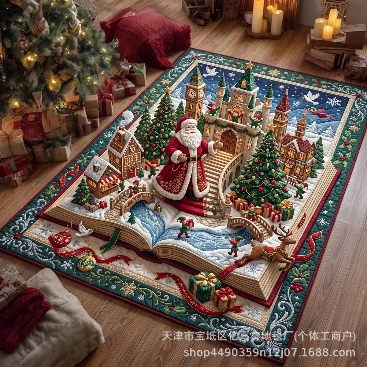 VIKAMA Christmas Area Rug Dark Red Storybook Santa Open Book Snowy Tunnel Soft Plush Carpet Living Room Bedroom Xmas Decor Rug