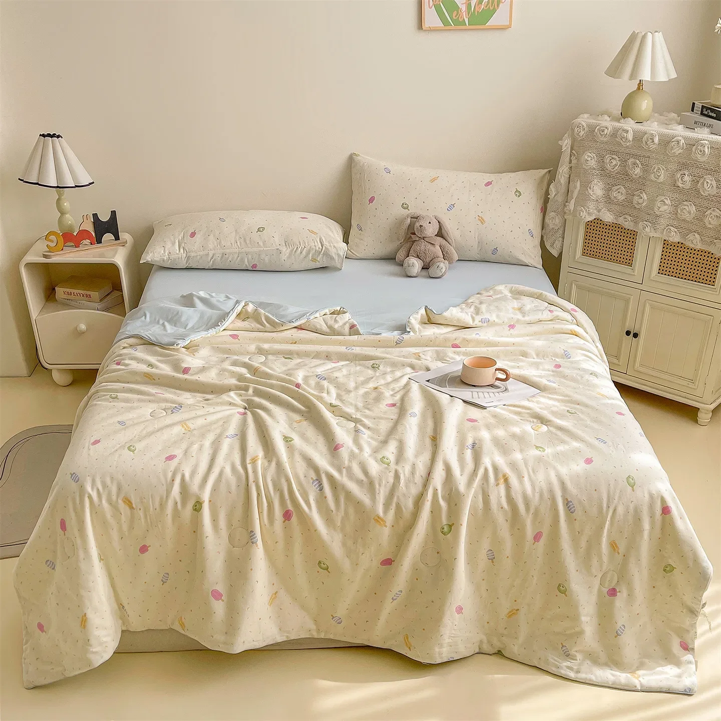 100% Cotton Summer Quilt Lightweight Cooling Comforter Soybean Fiber Filled Breathable Thin Duvet Printed Cool Touch Bed Blanket