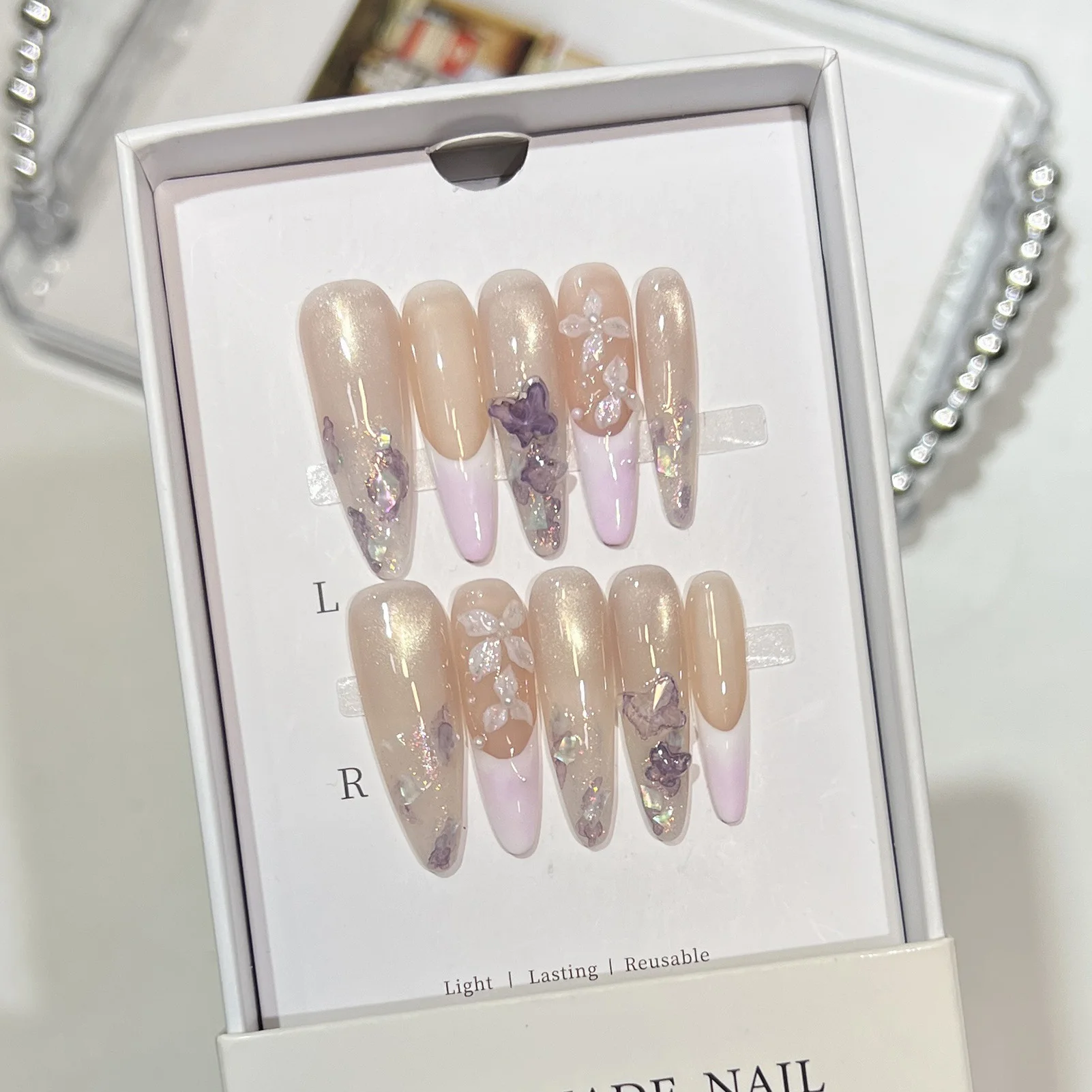 10 pçs suave longo amêndoa handamde unhas falsas estilo chinês tinta-lavagem borboleta flor imprensa em unhas olho de gato francês unhas falsas