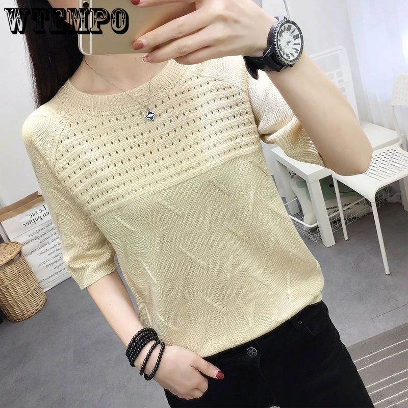 WTEMPO Woman Knit Sweaters Pullover Summer Knitted T-shirt Short-Sleeved Women\'s Loose Hollow Jumper Knitwear