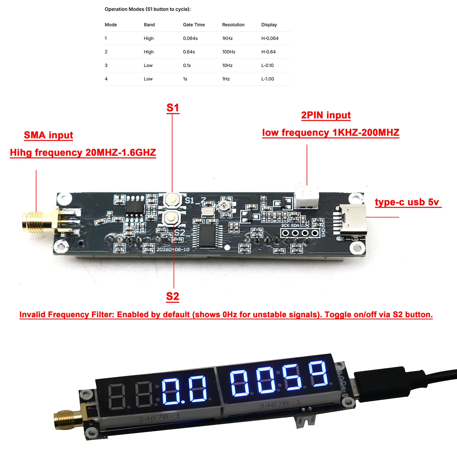 2-Kanal 1kHz-1600MHz RF-Frequenzzähler VHF UHF Digitaler Frequenzmesser für Walkie-Talkie, FM/AM/SW-Radio, SDR, 433M/868M/1575MHz – Detail 1