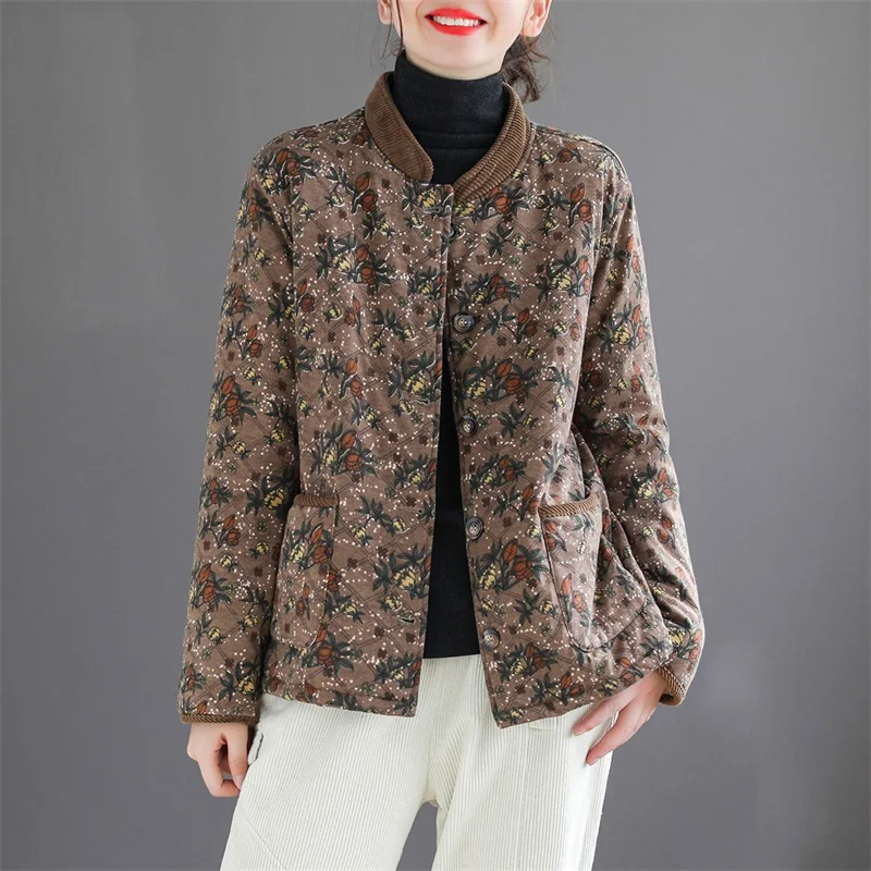 Women High-end Cotton Jacket Women Autumn Winter Korean Foreign Style Warm Cotton Coat Mothers Printed Stitching Cotton Jacket