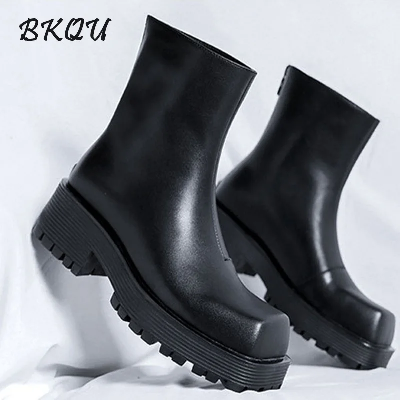 BKQU Wedge Square Sleeve Boots for Men Autumn/Winter 2024 Euro-American Style Platform Ankle Boots for Men Muffin Smoke Boots