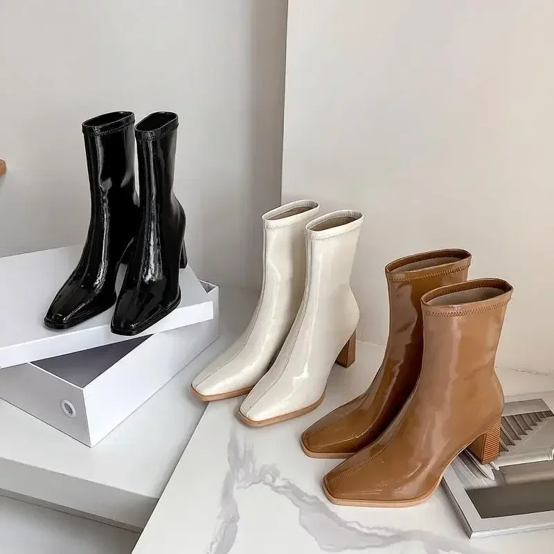 Women Patent Leather White Ankle Boots Women Autumn Fashion Slip on High Heels Boot Woman Pointed Toe Thick Heeled Short Booties