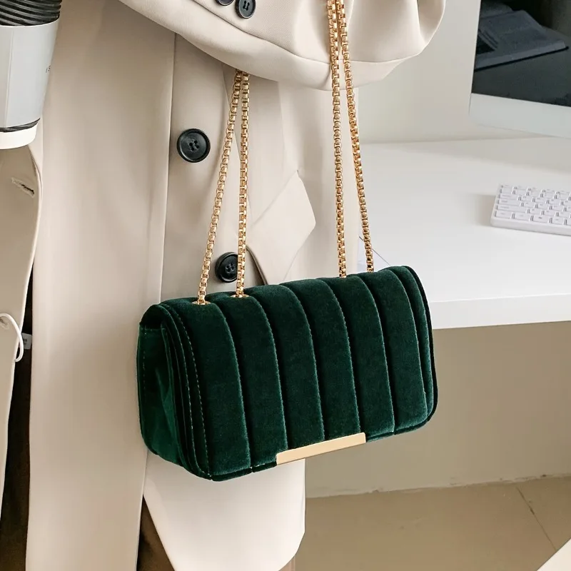 Stylish Velvet Women Crossbody Shoulder Bag Plaid Pattern Synthetic Faux Leather Lining Elegant Chain Strap Perfect for Various