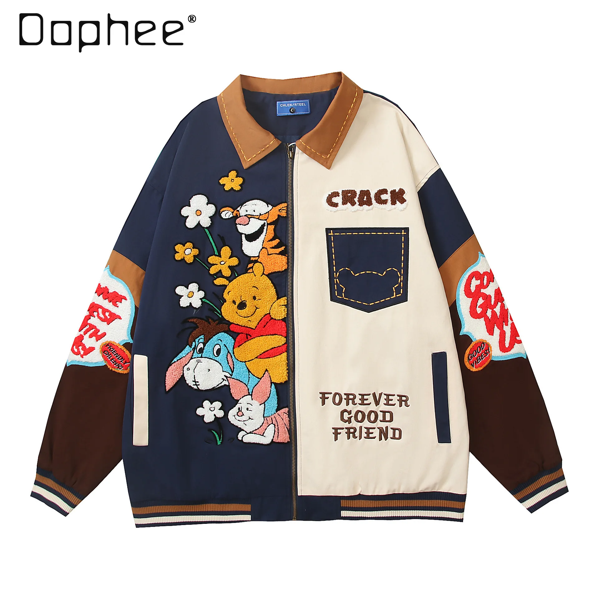 

American Retro Cartoon Bear Patchwork Jacket for Women Loose Casual Autumn Coat Trendy Loose Casual Couple Jacket 2025 New